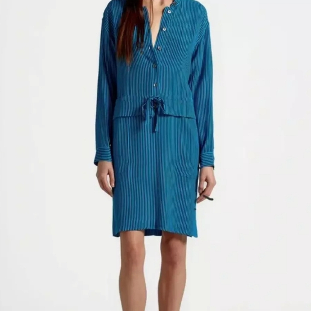 Equipment Femme (Size 6) Blue & Black Stripe Drawstring Waist LS Pocket Dress